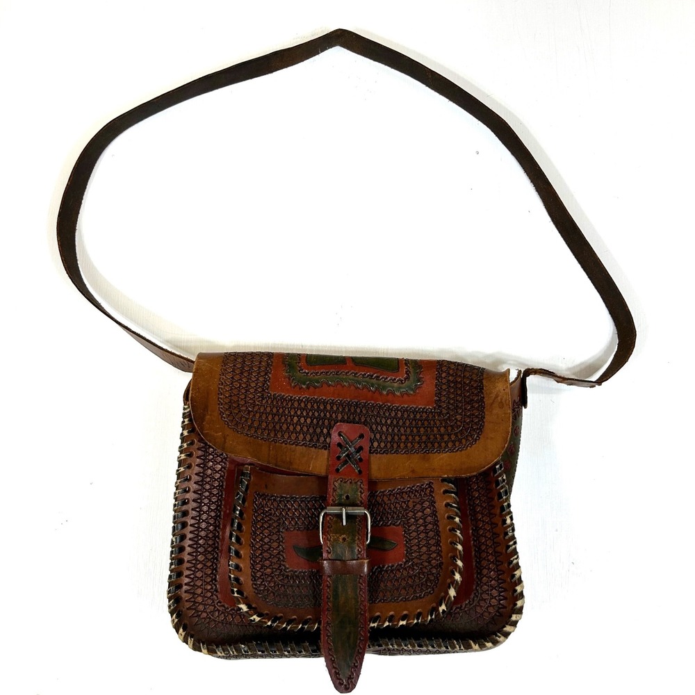 Vintage Hand Tooled Leather Crossbody Bag Brown Whipstitch Boho Buckle Satchel